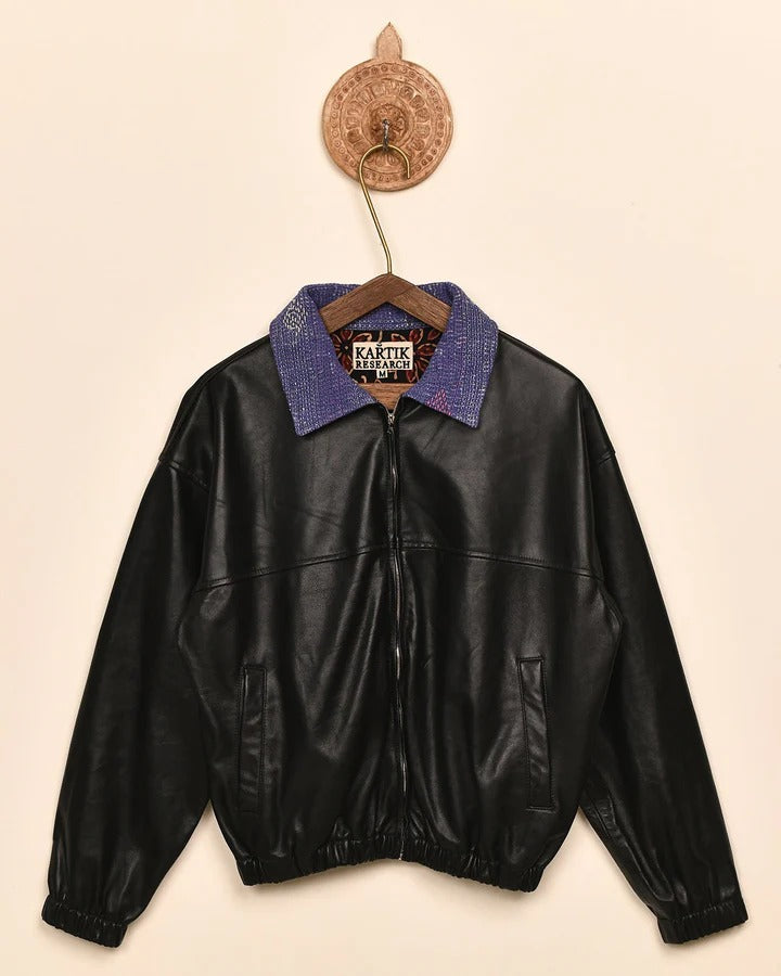 Kartik Research Kantha Collar Leather Jacket | thegoodlife. UAE