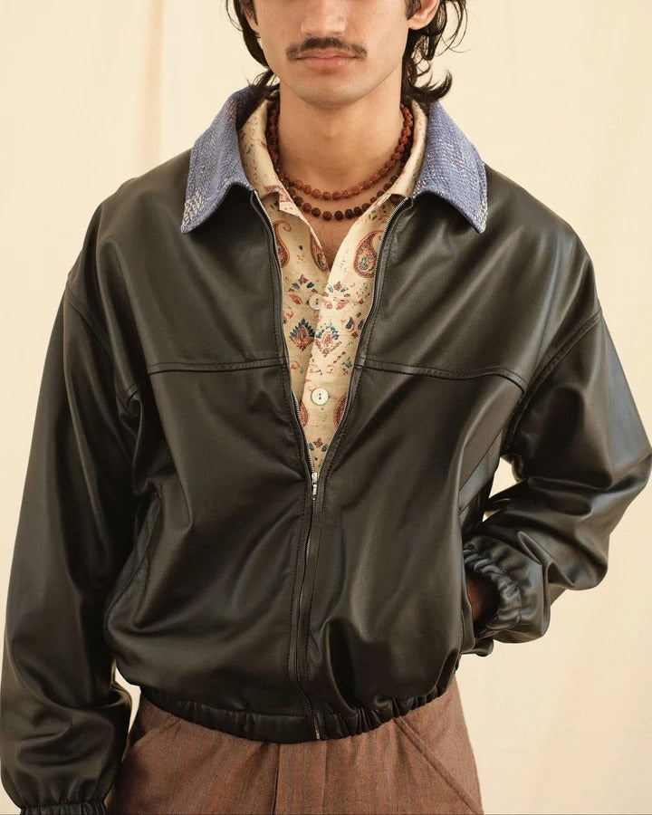 Kantha Collar Leather Jacket