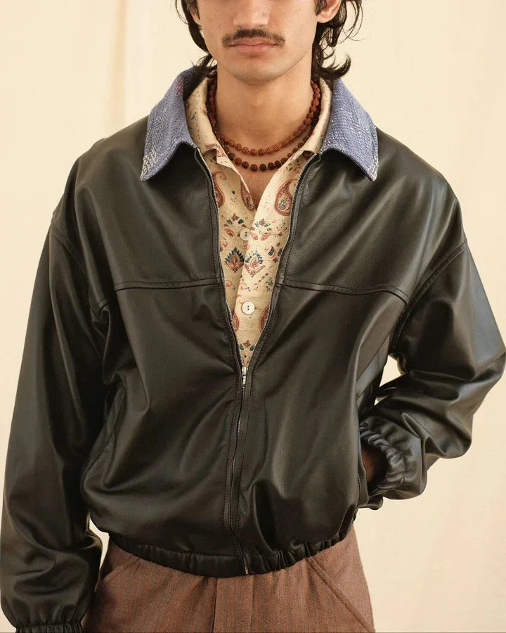 Kartik Research Kantha Collar Leather Jacket | thegoodlife. UAE