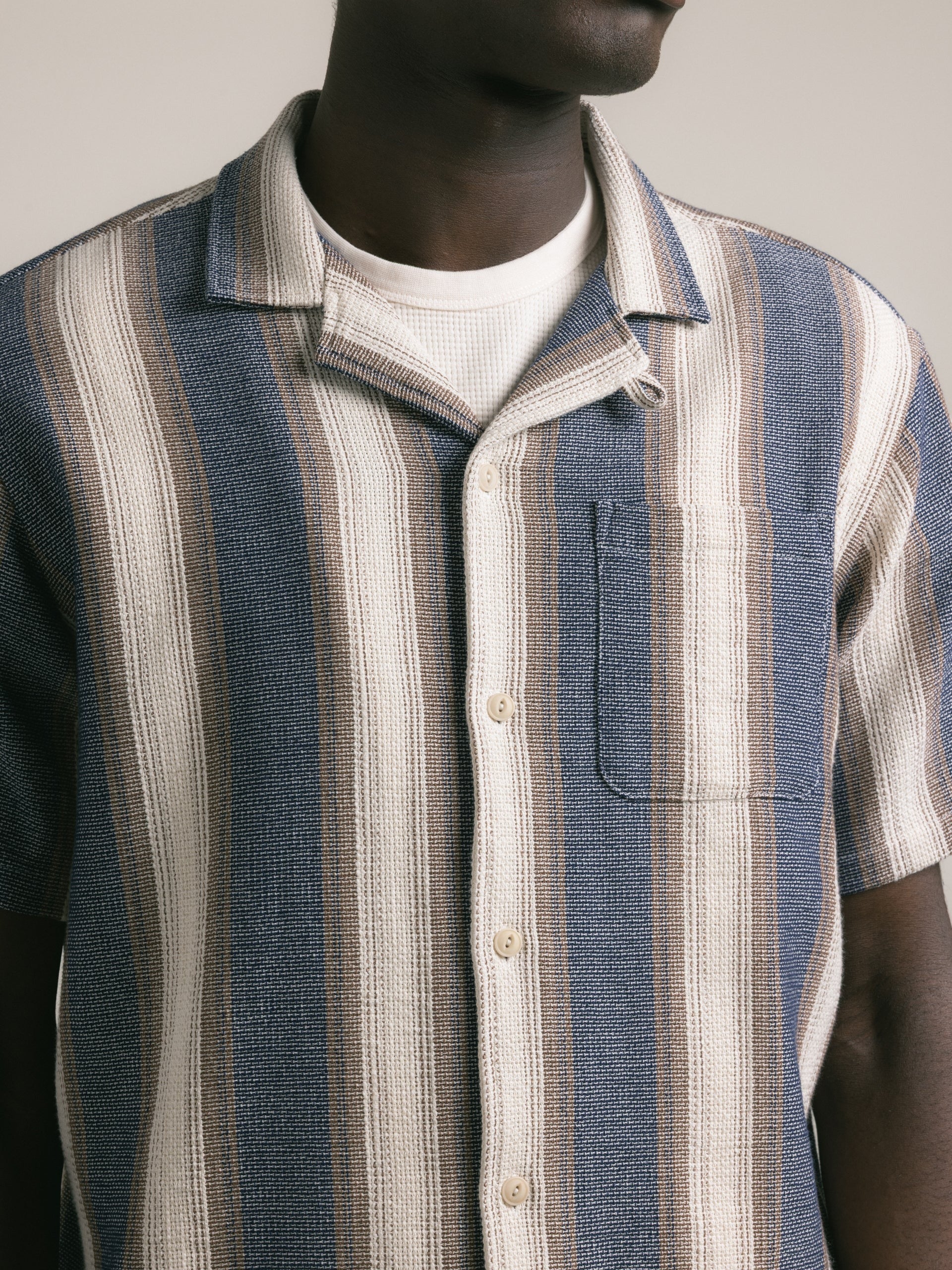 Kestin Crammond Shirt In Navy / Brown Stripe Open Weave | thegoodlife. UAE