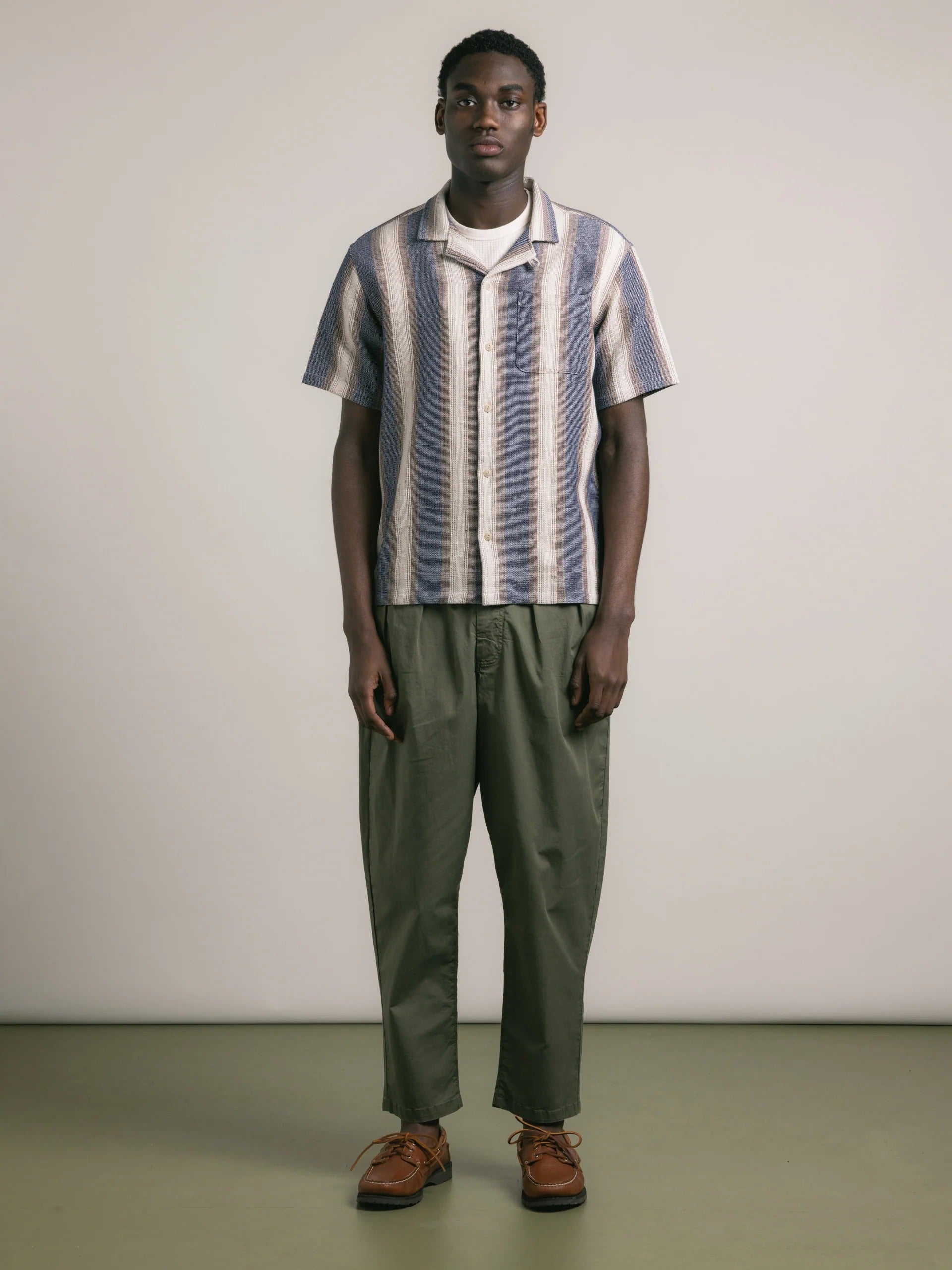 Kestin Crammond Shirt In Navy / Brown Stripe Open Weave | thegoodlife. UAE