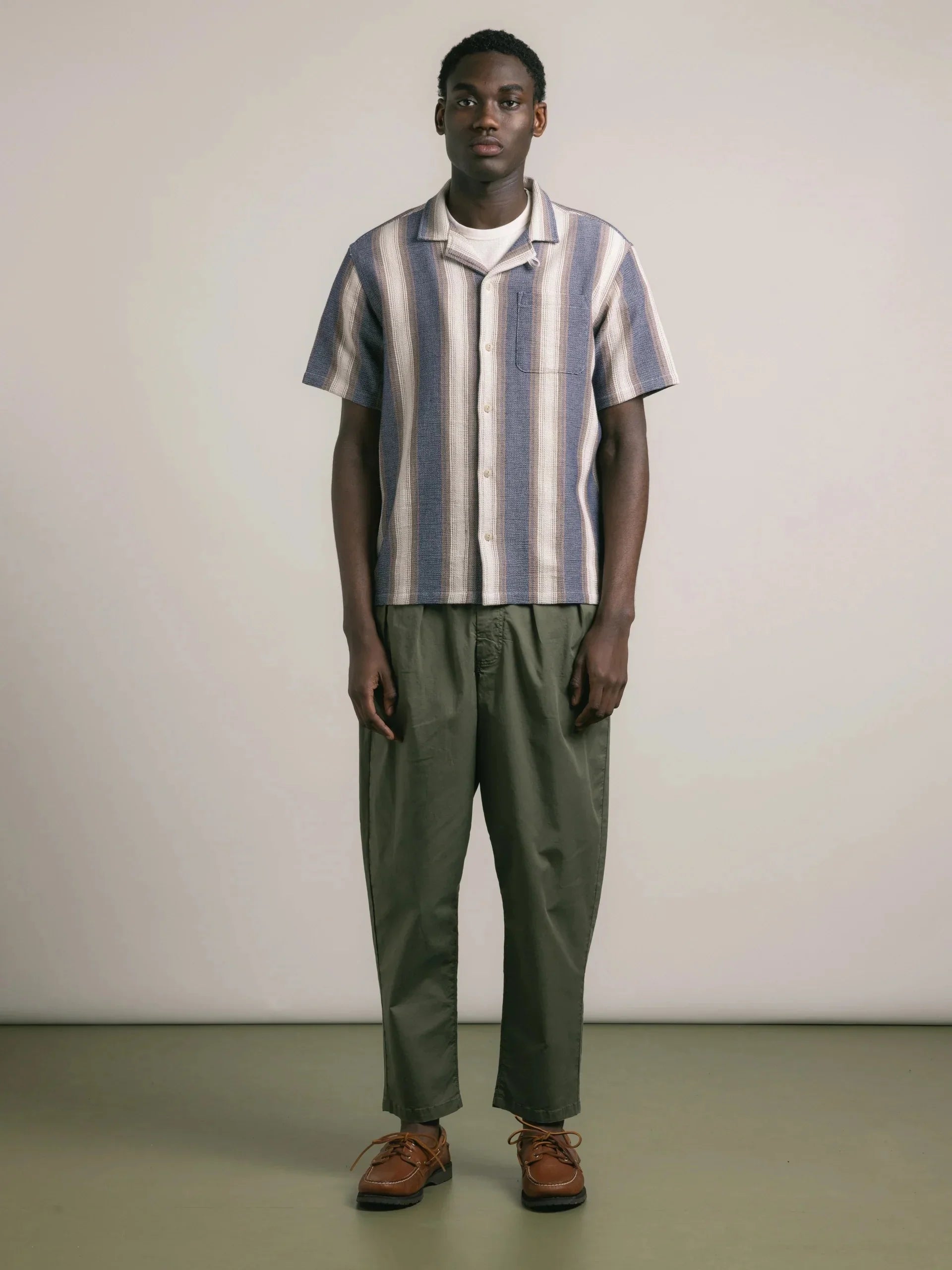 Kestin Crammond Shirt In Navy / Brown Stripe Open Weave | thegoodlife. UAE