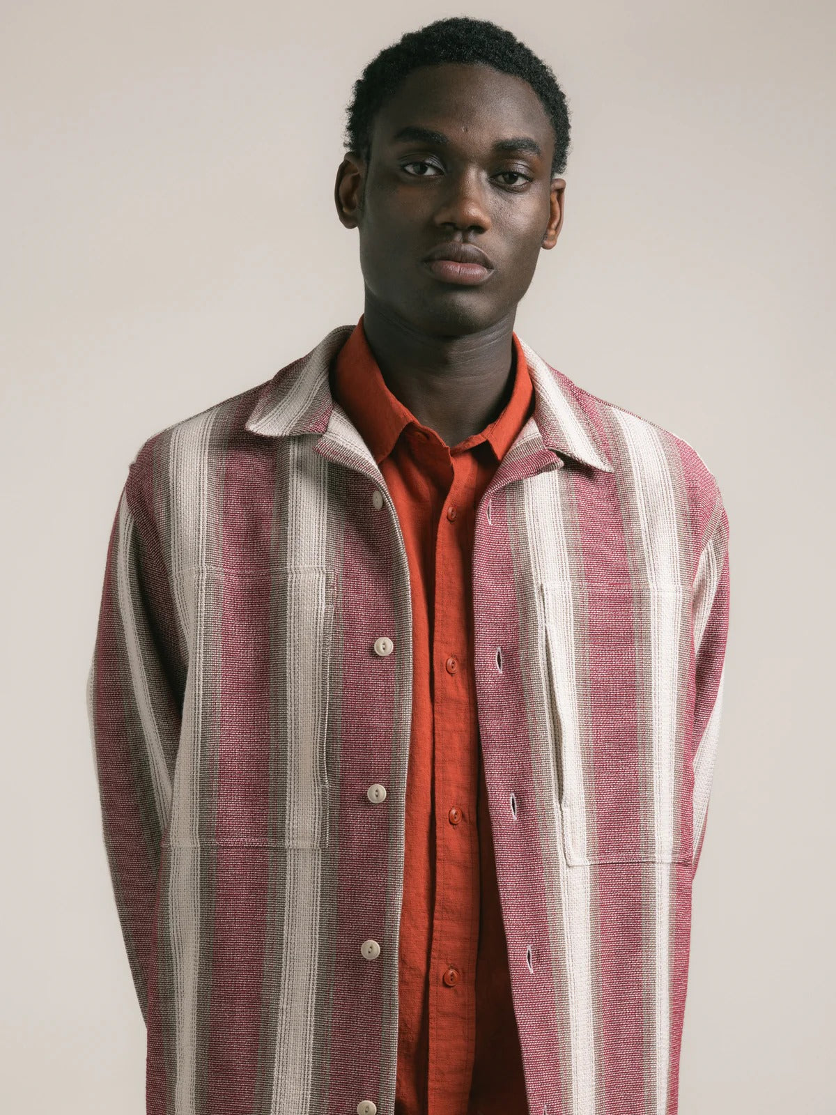 Durno Overshirt In Red / Brown Stripe Open Weave
