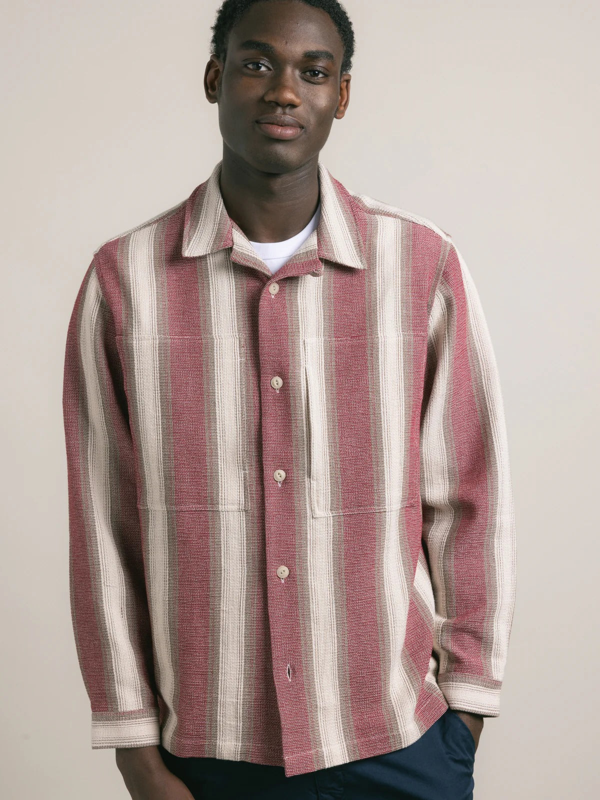 Kestin Durno Overshirt In Red / Brown Stripe Open Weave | thegoodlife. UAE