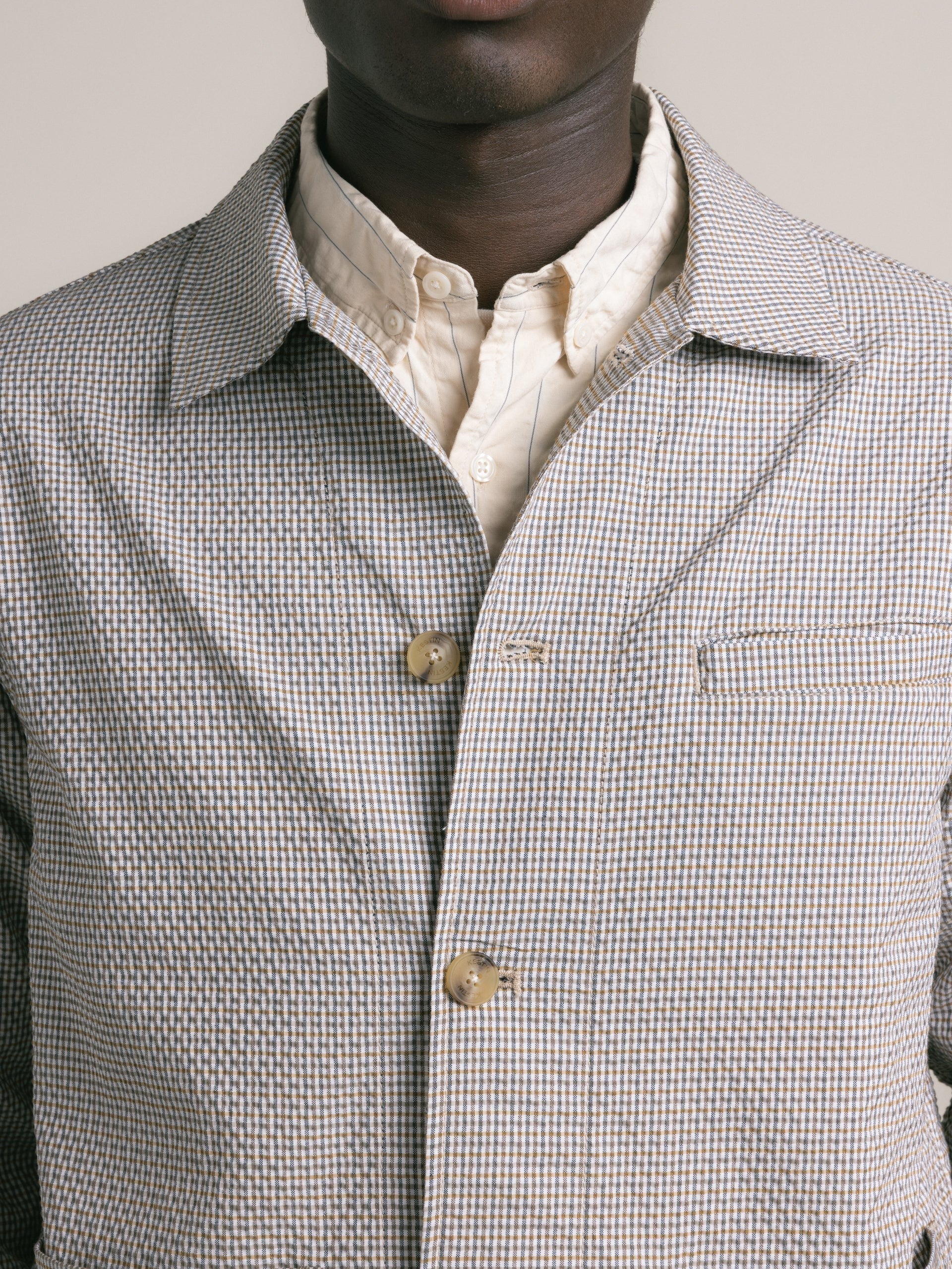 Kestin Huntly Jacket In Ecru / Brown Gingham Seersucker | thegoodlife. UAE