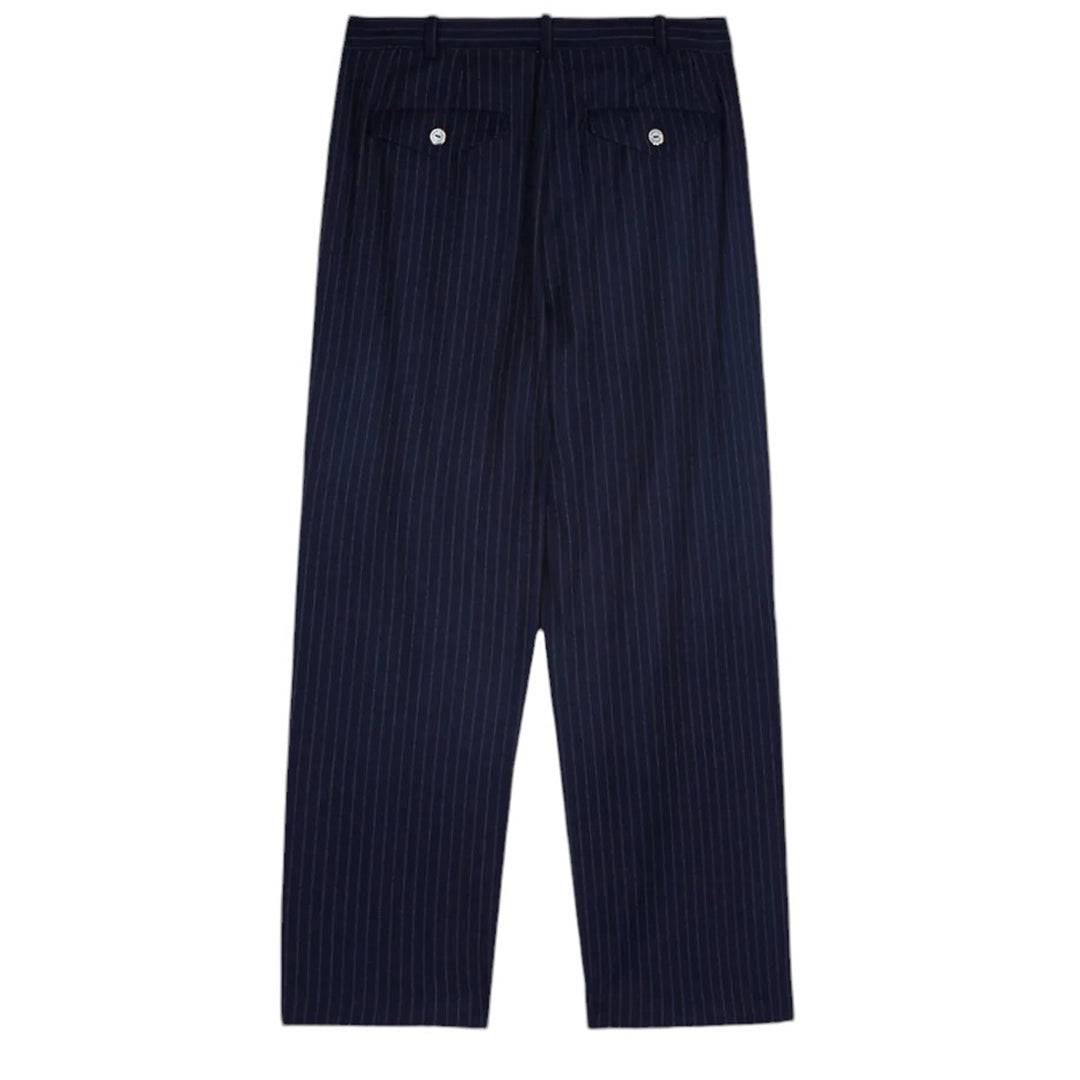 Late Checkout Navy Pinstripe Double Pleat Trousers | thegoodlife. UAE
