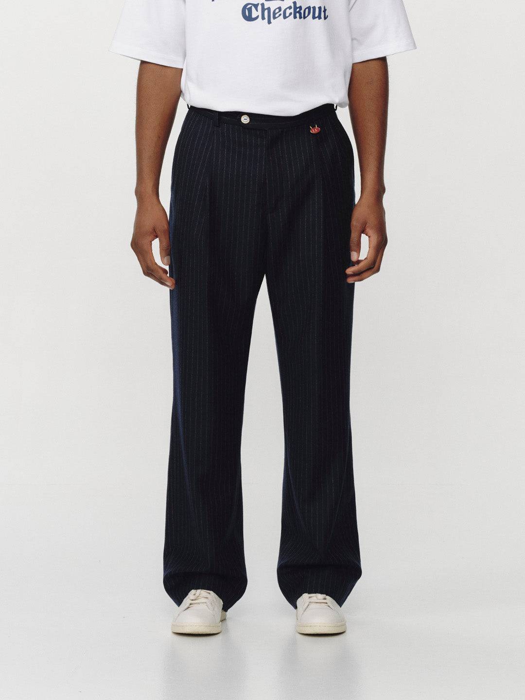 Late Checkout Navy Pinstripe Double Pleat Trousers | thegoodlife. UAE