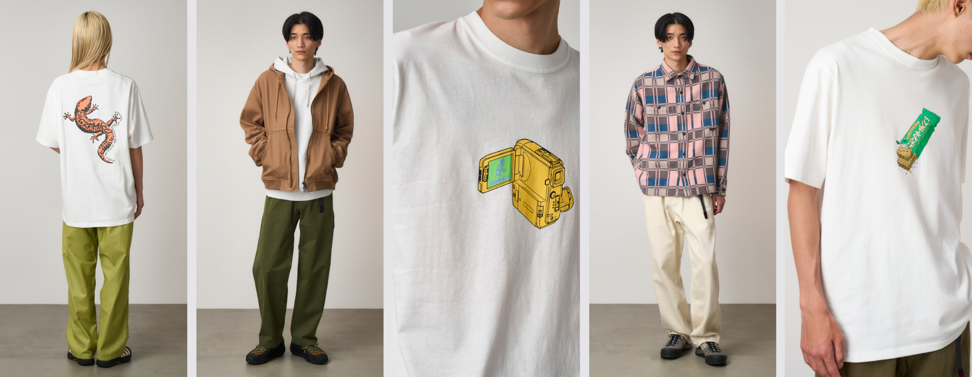Five people wearing t-shirts with unique designs on a plain background