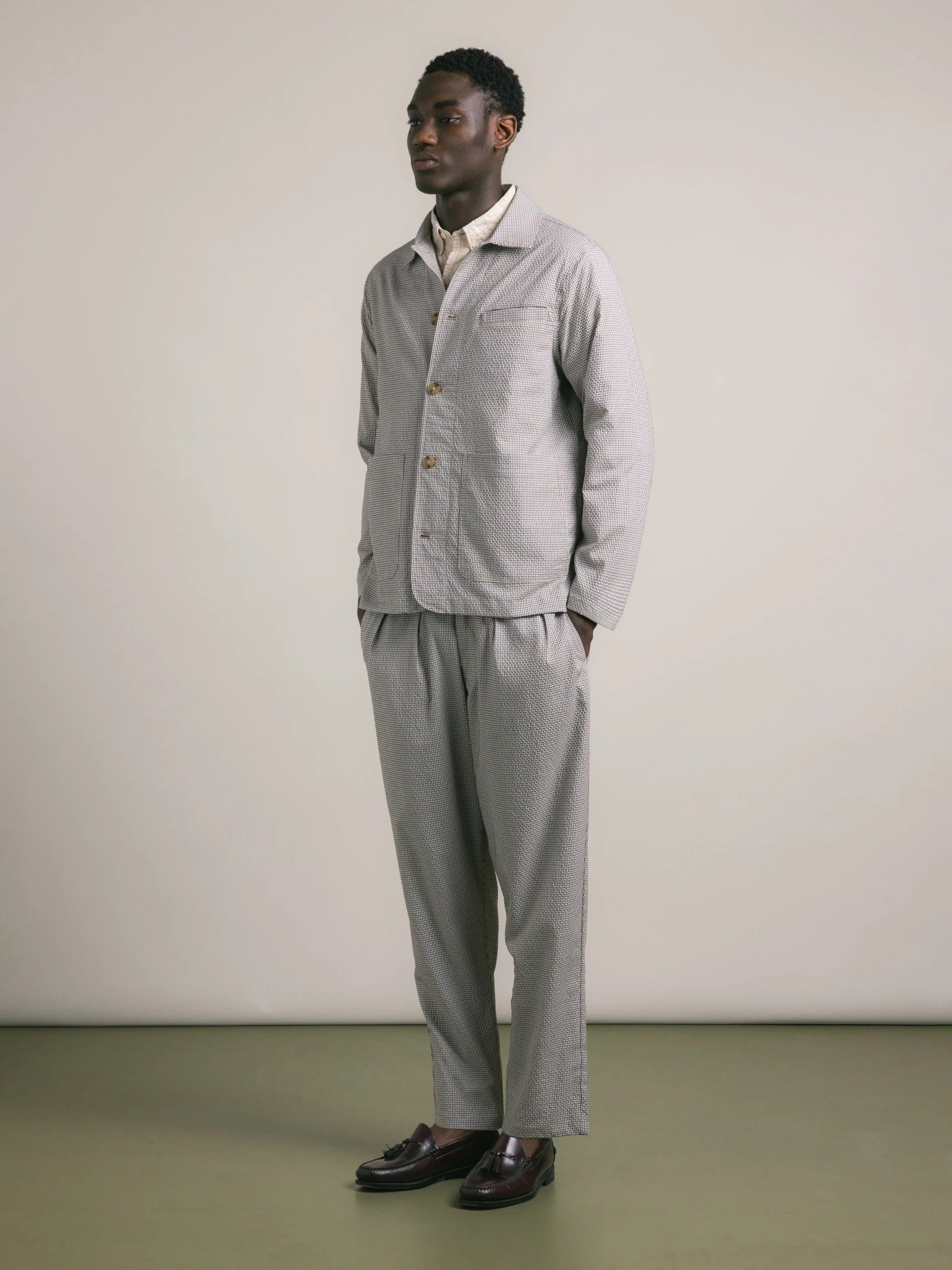 Kestin Clyde Pant In Ecru / Brown Gingham Seersucker | thegoodlife. UAE