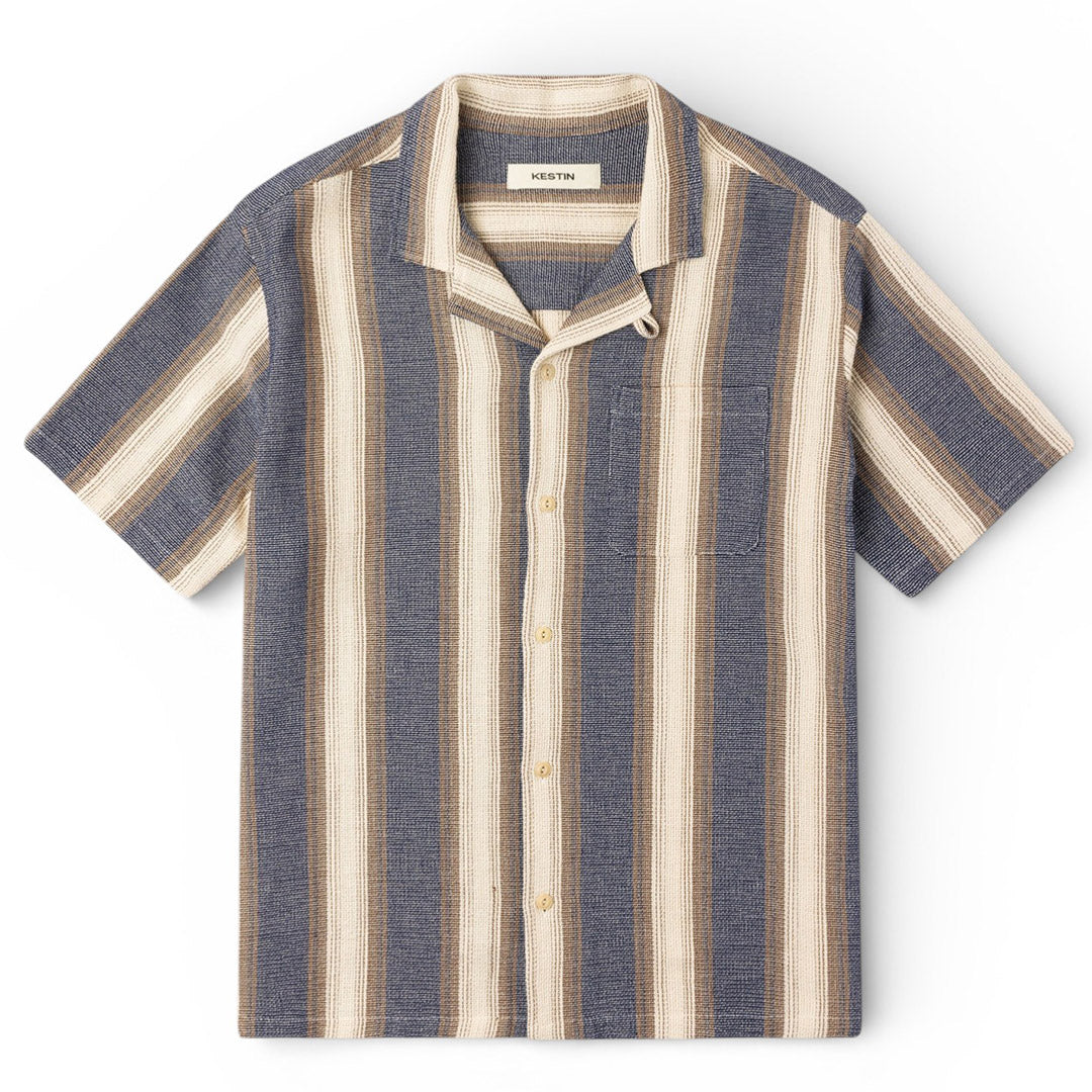 Kestin Crammond Shirt In Navy / Brown Stripe Open Weave | thegoodlife. UAE